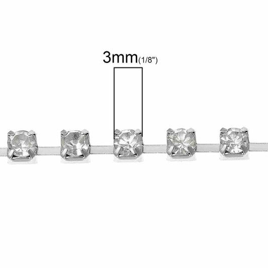 Antique Silver Cup Chain Trim, Square 3x3mm, Clear Rhinestone, 5 Metres