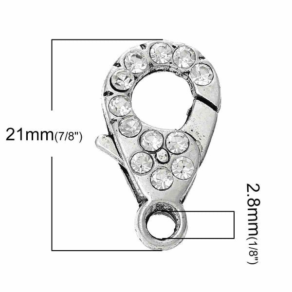 Antique Silver Lobster Clasps, Clear Rhinestones 21x12mm, 5 pcs