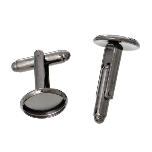 Black Nickel Cuff Links Round Cabochon Settings (Fits 12.0mm) 25.0mm x 14.0mm, 5 Pairs