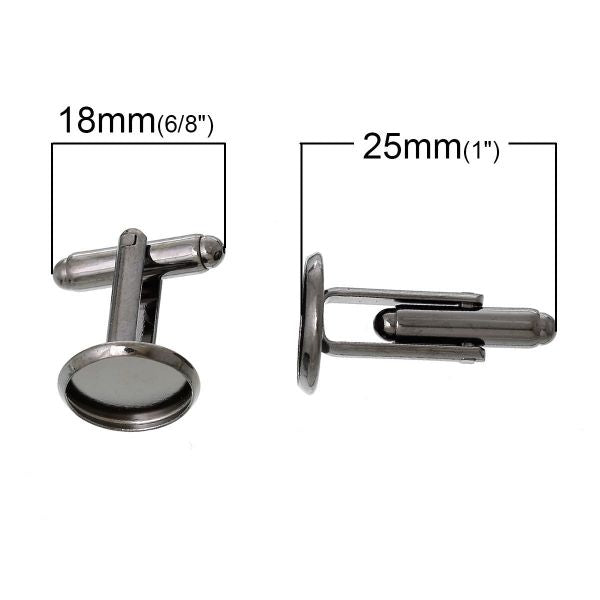 Black Nickel Cuff Links Round Cabochon Settings (Fits 12.0mm) 25.0mm x 14.0mm, 5 Pairs