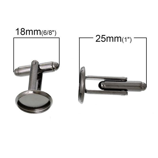 Black Nickel Cuff Links Round Cabochon Settings (Fits 12.0mm) 25.0mm x 14.0mm, 5 Pairs