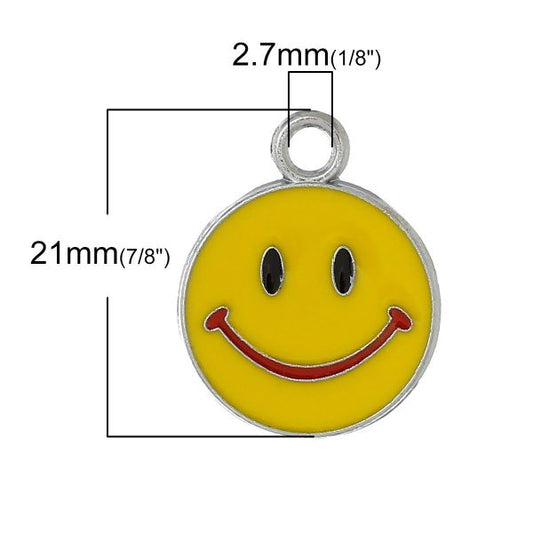Antique Silver Charm Round Smile Design Enamel Yellow 21.0mm x 17.0mm, 2 PCs
