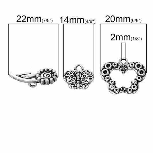 Antique Silver, Toggle Clasp, Butterfly Flower Design,