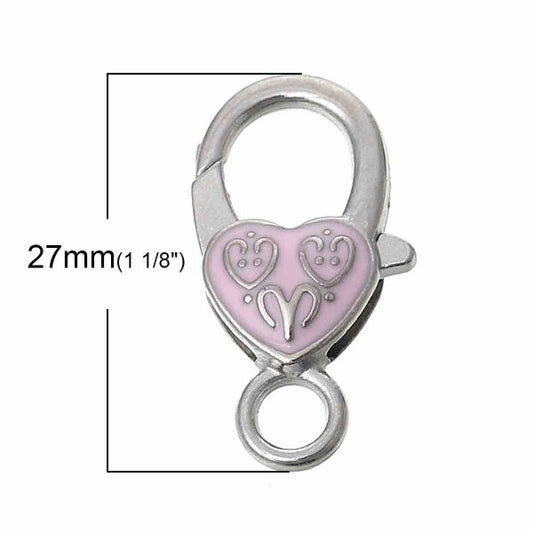 Antique Silver Lobster Clasp, Heart Pattern Enamel Pink,  27.0mm x 14.0mm, 10 PCs