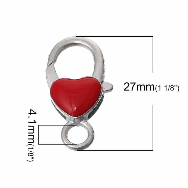Antique Silver Lobster Clasp, Heart Pattern Enamel Red,  27.0mm x 14.0mm, 10 PCs
