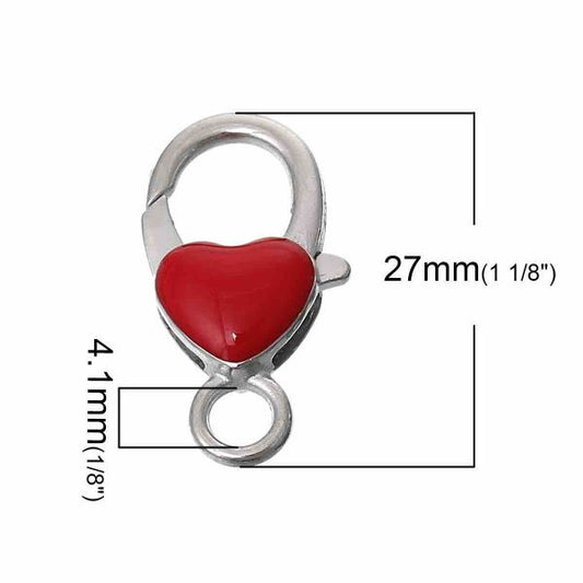 Antique Silver Lobster Clasp, Heart Pattern Enamel Red,  27.0mm x 14.0mm, 10 PCs