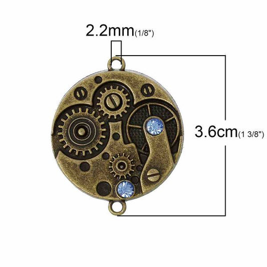 Antique Bronze Connectors, Watch Gears, Blue Rhinestone, Two Links 3.6cm x 3.cm 5pcs  - Steampunk