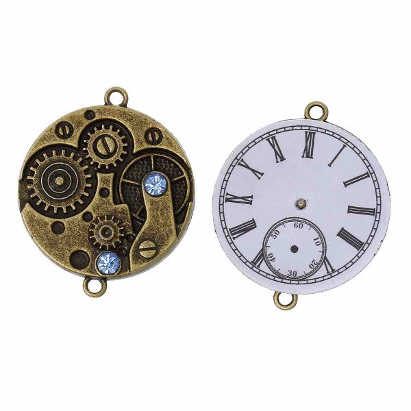 Antique Bronze Connectors, Watch Gears, Blue Rhinestone, Two Links 3.6cm x 3.cm 5pcs  - Steampunk