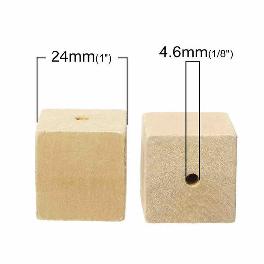 Wooden Beads Cube, 24mm, sharp edges, 10 pieces, Natural