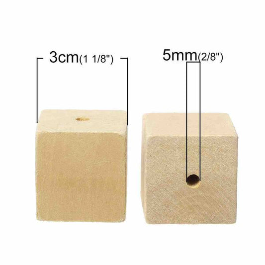 Wooden Beads Cube, 30mm, sharp edges, 5 pieces, Natural
