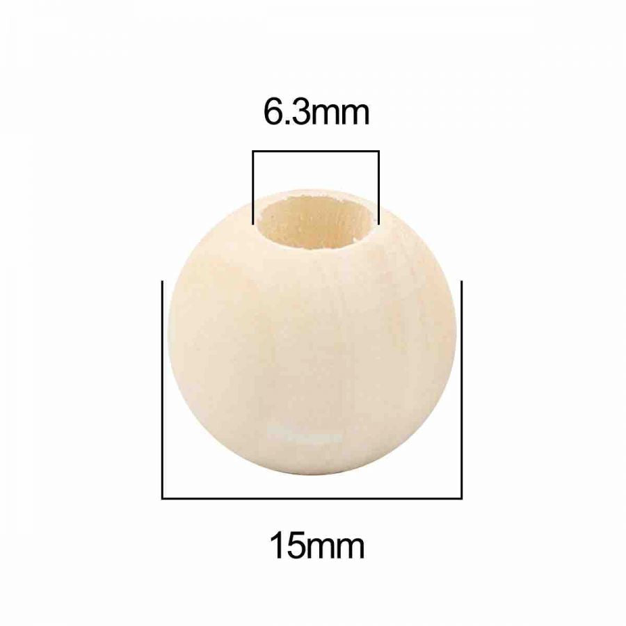 Wooden Beads Barrel, 15mm, Raw, 100 pieces, (6.mm hole)