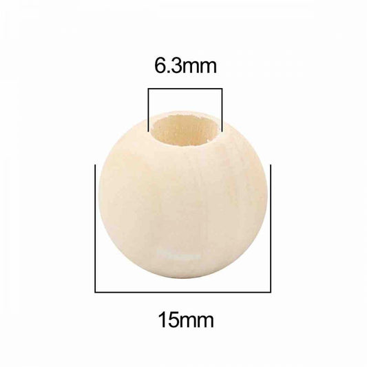 Wooden Beads Barrel, 15mm, Raw, 100 pieces, (6.mm hole)