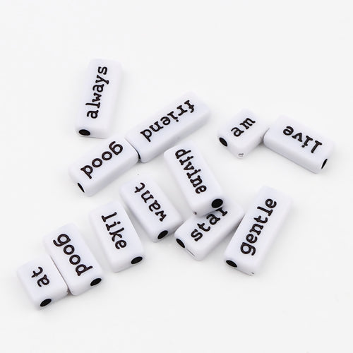 Acrylic Beads Rectangle Black & White Mixed English Words About 24mm x 10mm - 12mm x 10mm,  100 PCs