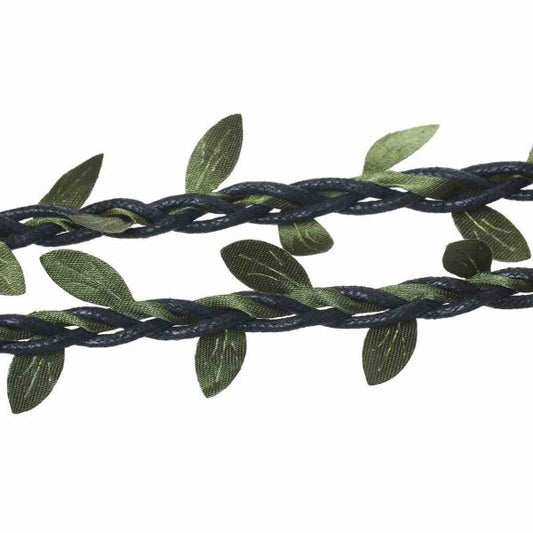 Cotton Waxed Black Cord, with Fabric Olive Leafs entwining the rope, 5 metres - great trim