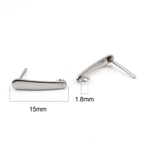 Ear Post Stud Earrings Drop Silver Tone with Loop 15mm x 3mm, 20 PCs  - Stainless Steel