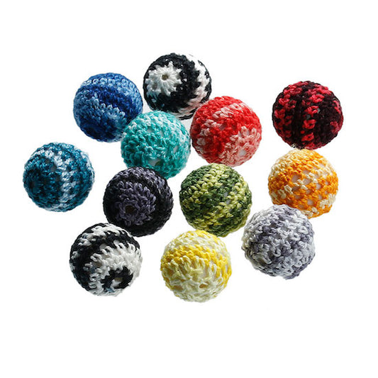 Cotton Crocheted Cover Beads,  22mm, Mixed Striped Pattern, 5pcs