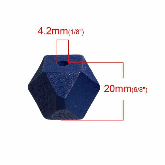 Wooden Beads Polygon, 20x20mm, 20 pieces, Deep Blue (3.7-4.2mm hole) - Hinoki Wood