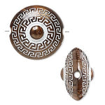 Acrylic bead bronze and white, 23mm double-sided flat round with Greek key design, 2.5mm hole.5pcs