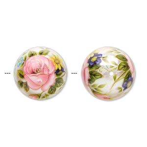 Bead, Tensha, pearl with pink rose, 16mm round. 2pcs - great for earrings