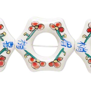 Bead, porcelain, white and multicolored, 40x36mm-44x38mm hand-painted flower and Chinese symbols, 5 pcs