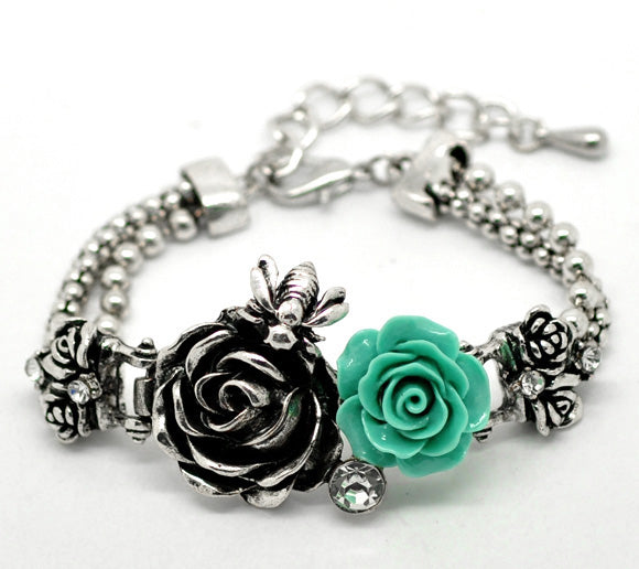 Vintage Antique Silver Bee Resin Flower Bracelet 18cm(7-1/8"), 1pc