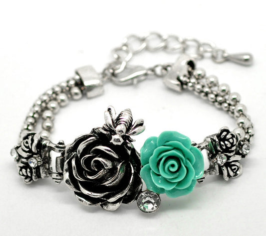 Vintage Antique Silver Bee Resin Flower Bracelet 18cm(7-1/8"), 1pc