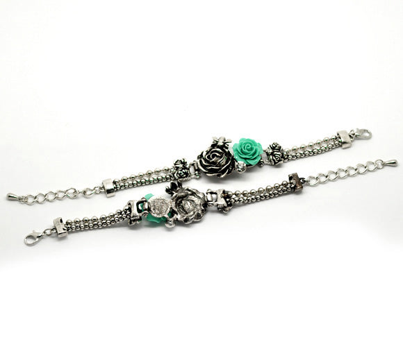 Vintage Antique Silver Bee Resin Flower Bracelet 18cm(7-1/8"), 1pc