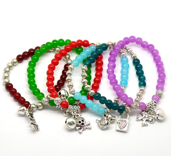 Mixed Dangle Beads Glass Beads Elastic Bracelets 19cmï¼ˆ7-1/2") 6pcs