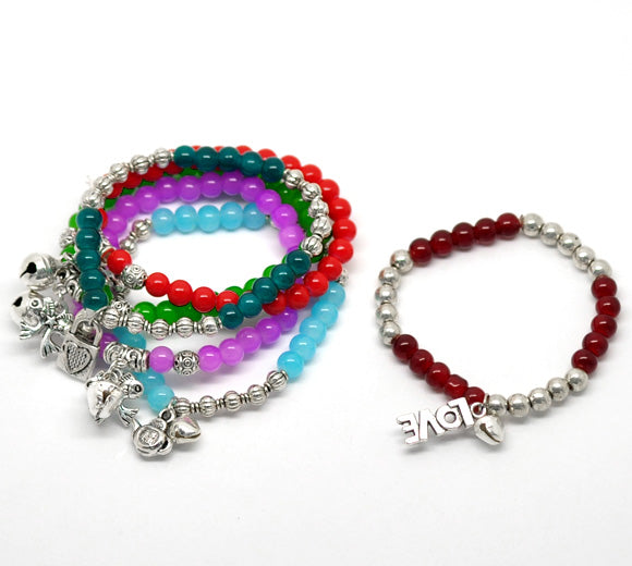 Mixed Dangle Beads Glass Beads Elastic Bracelets 19cmï¼ˆ7-1/2") 6pcs