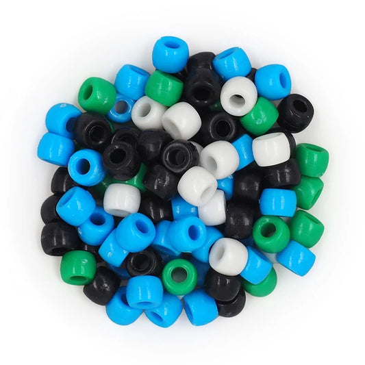 Pony Beads Mix, 6 x 8mm, Blue Black Green White, 250 grams - approx 900pcs