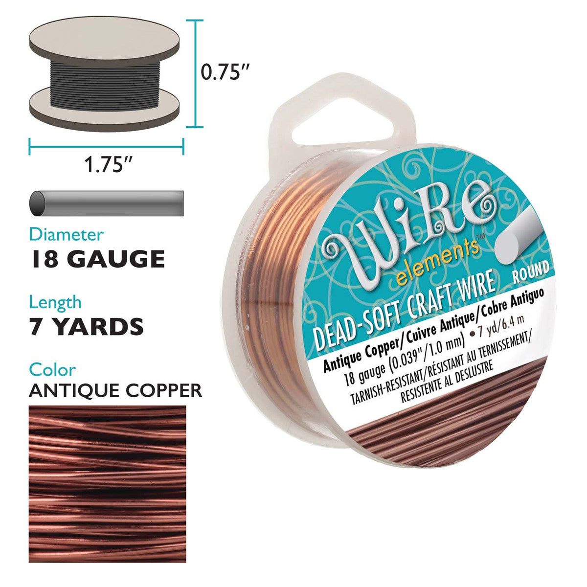 Beadsmith Craft Wire 18ga, Silver Plated Antique Copper, round, 7 yards