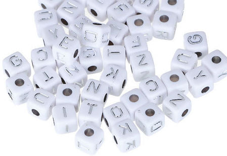 Acrylic White Alphabet/Letter "A-Z" Cube Beads, 10 x 10mm, 100 pcs silver letters