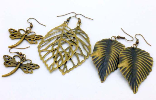 Antique Bronze Earrings, 3 assorted styles, dragonfly and leafs