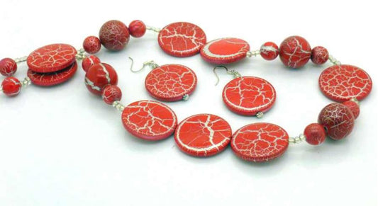Red and Silver Crackle Beaded Necklace 54cm - plus earrings
