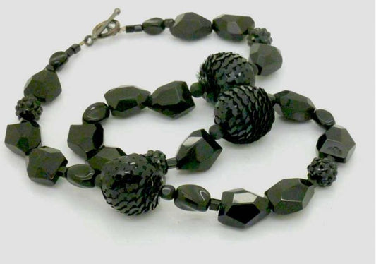 Jet Black Faceted Beaded Necklace 54 cm - plus earrings