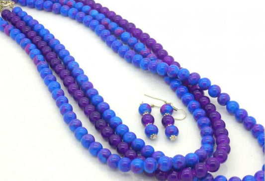 Blue Purple Beaded - Multi Strand Necklace, 54cm - plus earrings