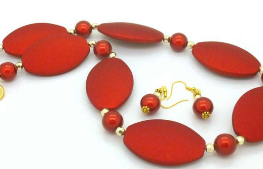 Red Velvet Necklace accented with bright red, gold faceted beads, 54 cm - plus earrings