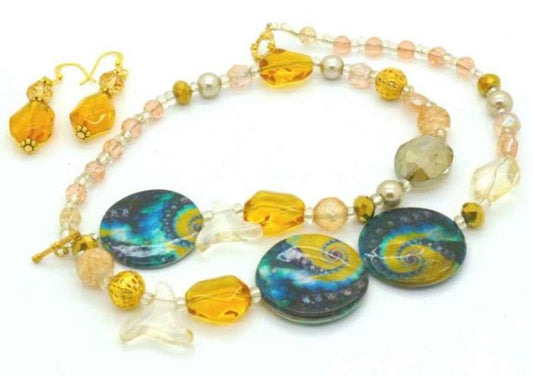 Blue Gold Swirl Beaded Necklace 54cm  - plus earrings