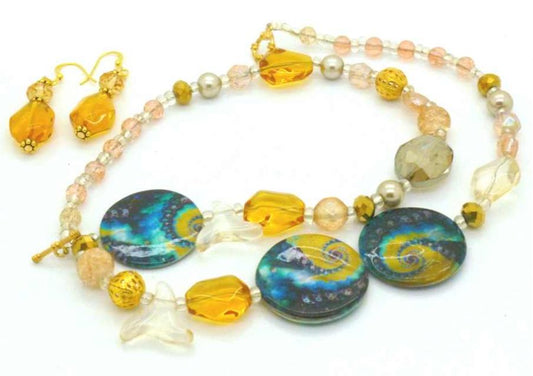 Blue Gold Swirl Beaded Necklace 54cm  - plus earrings