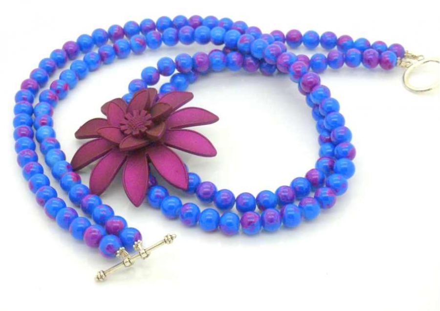 Purple Flower with Blue Purple Beaded - Multi Strand Necklace, 54cm