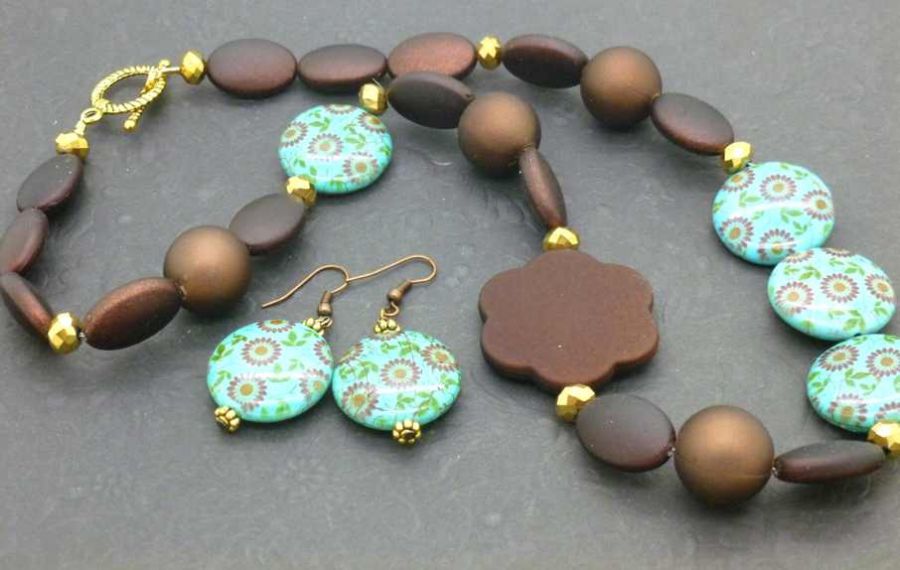 Brown Flowers Beaded Necklace, 54cm - Plus Earrings