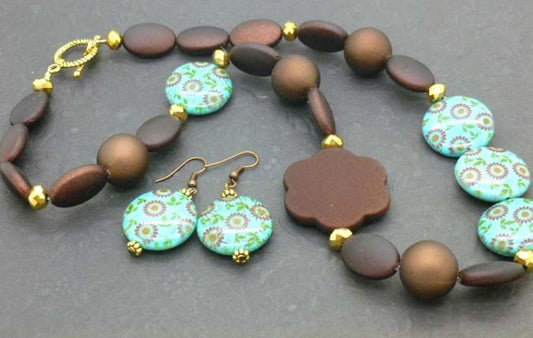 Brown Flowers Beaded Necklace, 54cm - Plus Earrings