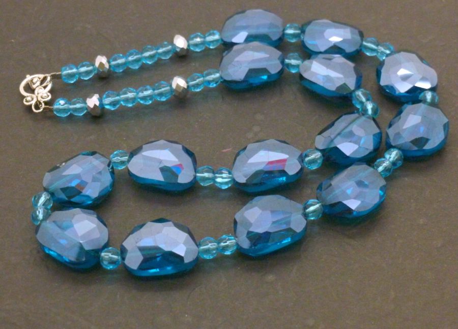 Art Deco Style Blue Beaded Necklace, 54cm