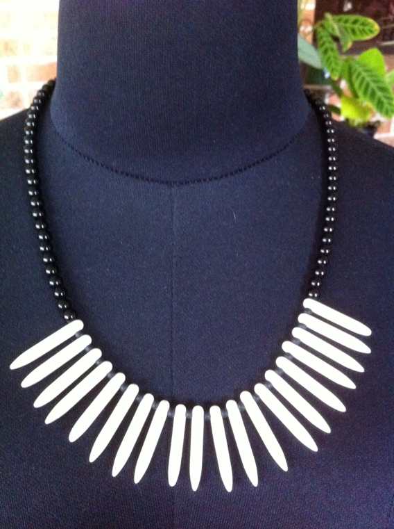 Spikey Spikes Cream Black Beaded Necklace, 54cm