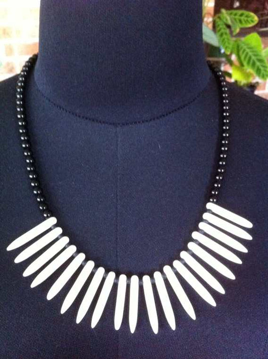 Spikey Spikes Cream Black Beaded Necklace, 54cm