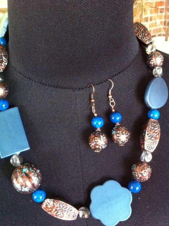 Blue and Copper beaded Necklace, 54cm  - plus Earrings