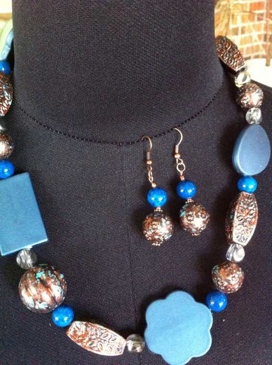 Blue and Copper beaded Necklace, 54cm  - plus Earrings