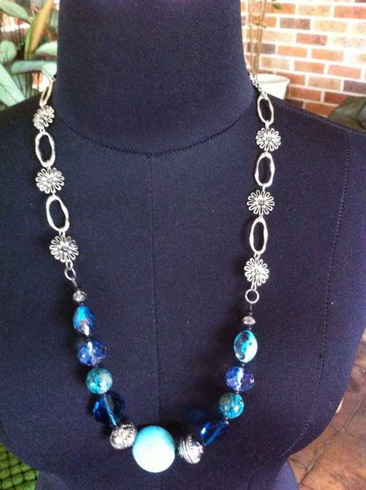 Blue Beaded Daisy Chain Necklace, 66cm