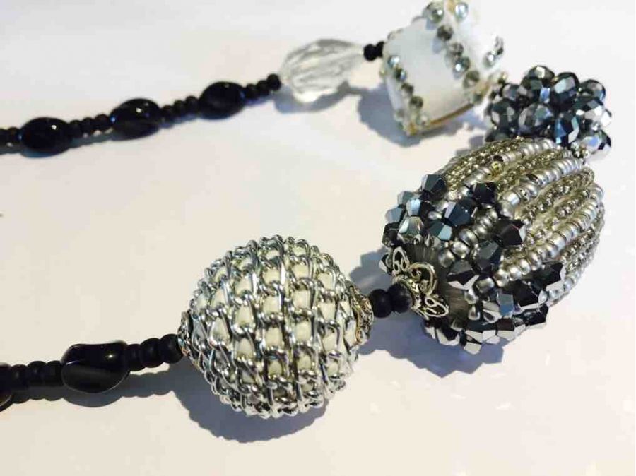 Chunky Necklace Handmade, Black & Silver Highlights, 54cm