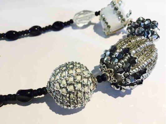 Chunky Necklace Handmade, Black & Silver Highlights, 54cm